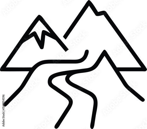 Black Line Art Illustration Two Mountains River Valley Landscape Simple Graphic Design vector