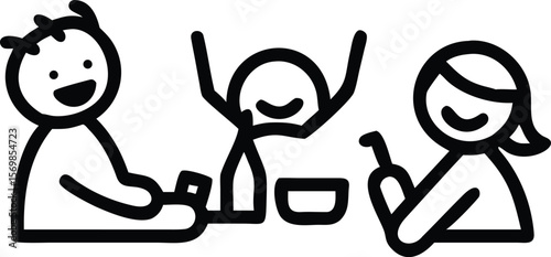 Three Simple Black Line Drawing Figures Happy Friends Gathering Bowl Table white