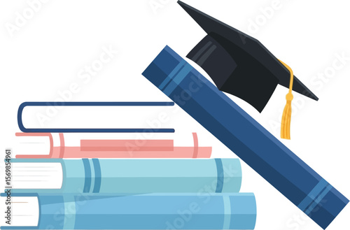 Graduation cap and books vector illustration for education success and academic achievement concept image