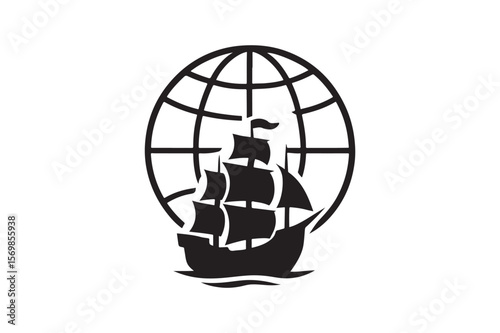 Globe and ship silhouette vector art illustration on white background