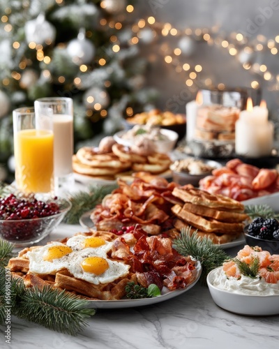Festive Christmas breakfast buffet with waffles, eggs, bacon, and other treats.