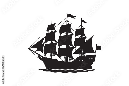 Historical ship silhouette vector art illustration on white background