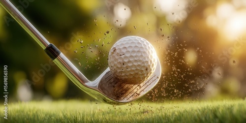 The golf ball being struck by a club in a dynamic outdoor scene.