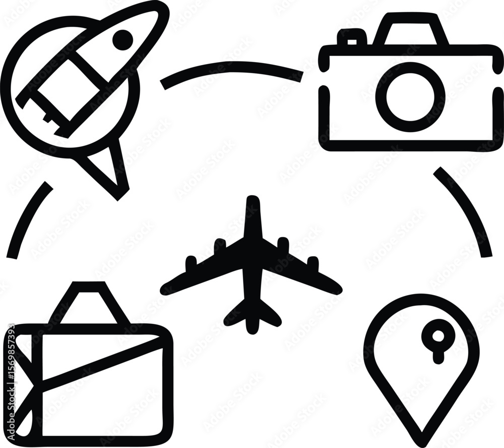 Fototapeta premium Black and white illustration of travel icons airplane suitcase camera location pin rocket vector