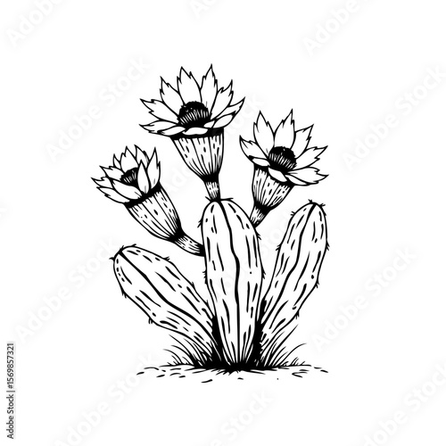 Detailed botanical illustration showcasing the intricate beauty of a flowering cactus plant in monochrome style