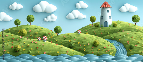 Whimsical coastal landscape with lighthouse, rolling hills, and playful elements