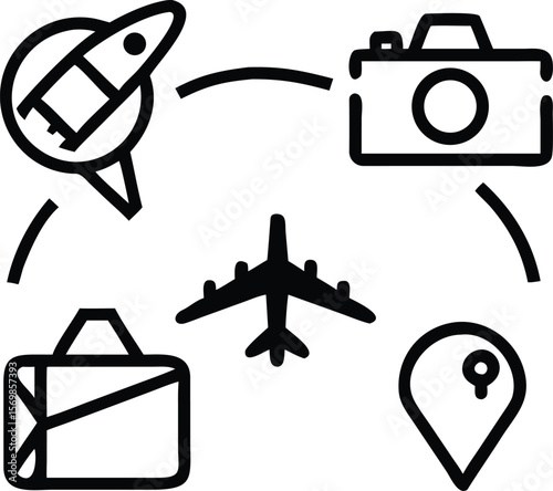 Black and white illustration of travel icons airplane suitcase camera location pin rocket vector