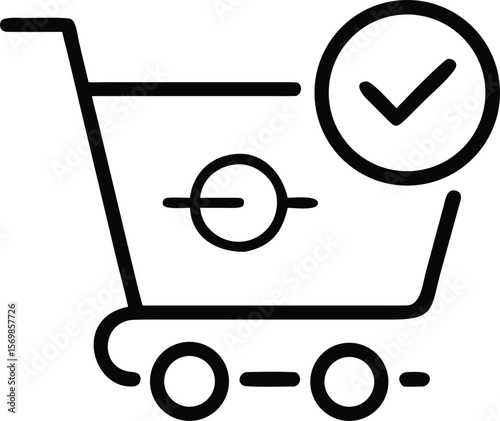 Black Shopping Cart Icon with Check Mark Global Symbol Online Order Confirmation Successful Purchase E Commerce Graphic