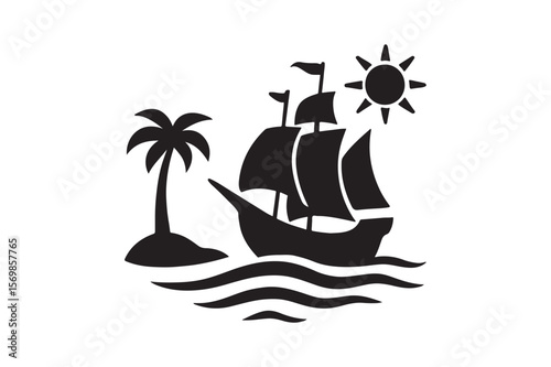 Ocean voyage scene silhouette vector art illustration on white background