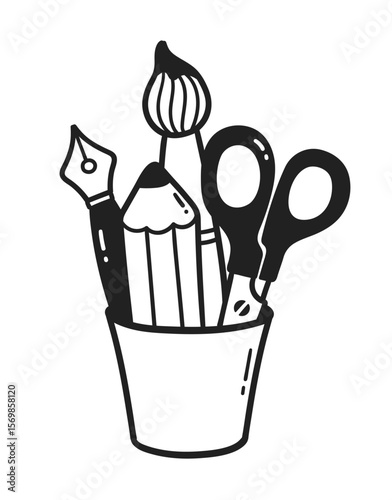 Vector minimal line art isolated illustration of school stationery tools in a cup holder in black and white.