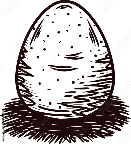 Hand drawn speckled egg resting in nest vintage engraved illustration isolated on white background