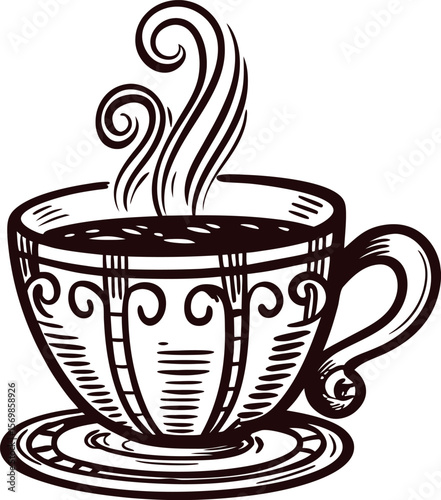 Hand drawn vintage teacup with ornate handle and steam rising, black and white engraved illustration