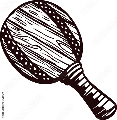 Hand drawn wooden table tennis paddle illustration with detailed textured handle and surface isolated on white background