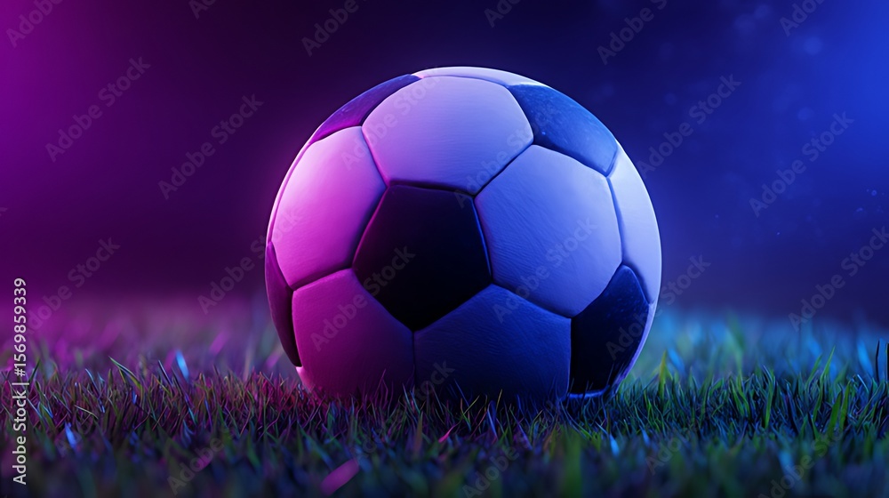 Fototapeta premium Neon soccer ball on a night field. A vibrant soccer ball, bathed in vibrant neon pink and blue light, rests on a field of grass at night.