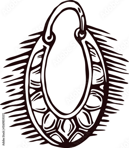 Ornate ancient earring illustration with tribal inspired patterns and detailed etching design in black and white