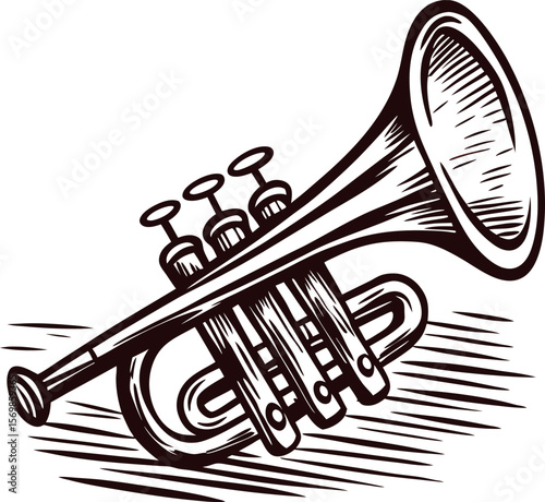 Hand drawn trumpet illustration with vintage engraving and detailed musical instrument sketch