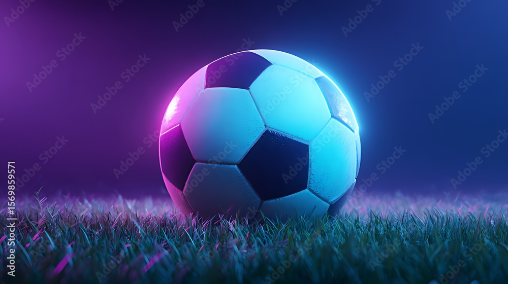 Fototapeta premium Neon soccer ball on a night field. A vibrant soccer ball, bathed in vibrant neon pink and blue light, rests on a field of grass at night.