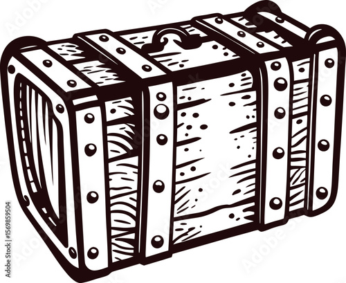 Hand drawn vintage wooden treasure chest with iron metal bands and rivets isolated on white background