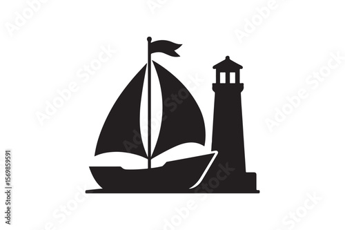 Ship in harbor silhouette vector art illustration on white background