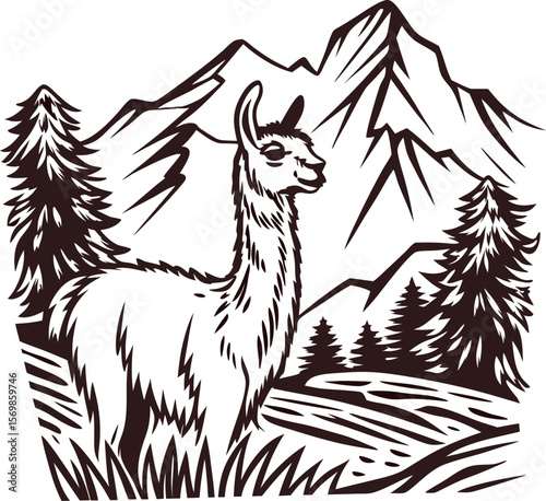 Llama standing in mountainous landscape with pine trees and snow peaks, black and white vintage engraving illustration
