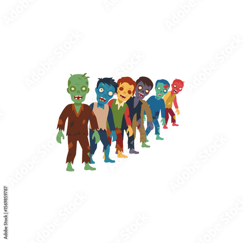 Zombies standing in a line, graphic vector illustration, colorful design, Halloween concept