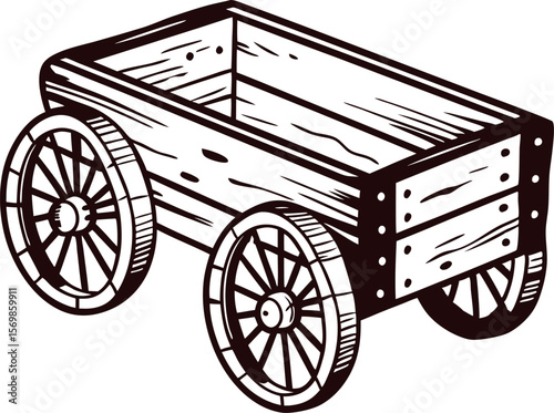 Rustic wooden wagon cart with four spoked wheels vintage hand drawn illustration isolated on white background