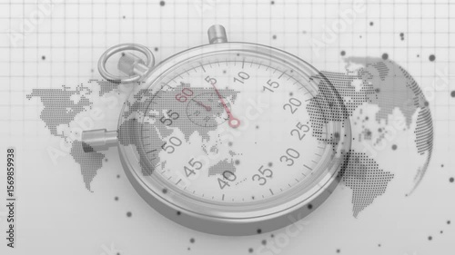 Stopwatch second hand resting at 50s then sweeping as map morphing into rotating 3D globe