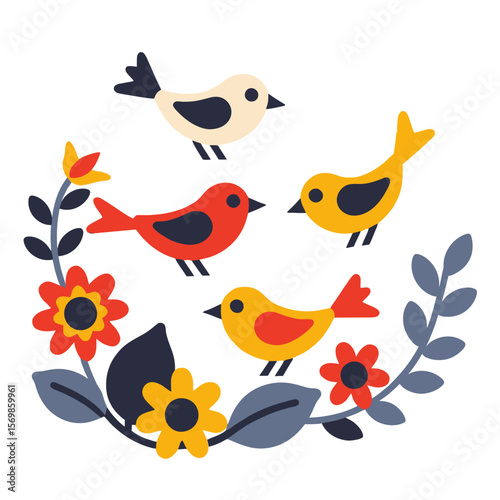 Colorful Birds & Floral Arrangement-Whimsical Bird Illustration with Flowers & Leaves-Modern Art Print for Nursery or Home Decor-Bird Lover Gift Idea
