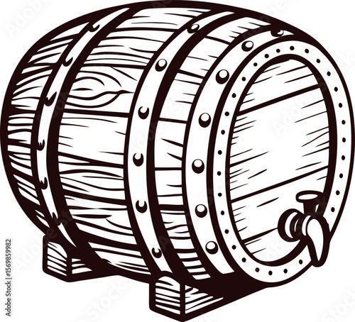 Hand drawn wooden barrel with tap icon vintage engraved illustration of cask for beer, wine or whiskey storage
