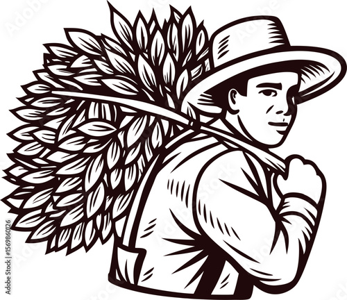 Vintage engraved illustration of a smiling farm worker carrying harvested leaves on his shoulder in overalls and hat