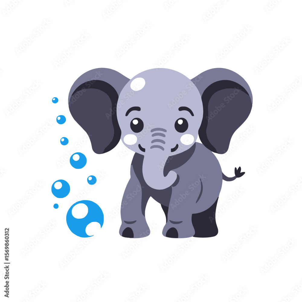 Naklejka premium Cute Cartoon Elephant with Bubbles-Adorable Baby Elephant Illustration-Playful Animal Art for Kids-Whimsical Elephant Design-Fun Elephant Graphic-Children's Illustration