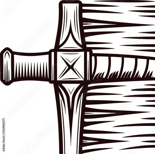 Detailed black and white illustration of a medieval sword hilt with intricate wood and metal engravings