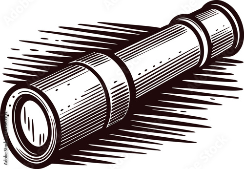 Vintage engraved drawing of a handheld brass telescope isolated on white background