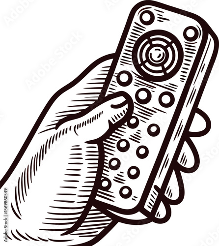 Hand holding vintage engraved remote control black and white line art illustration of electronic device in hand