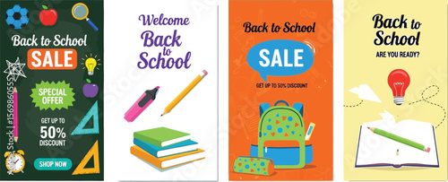 Back to school sale posters and banners for advertising and marketing promotion campaign design template
