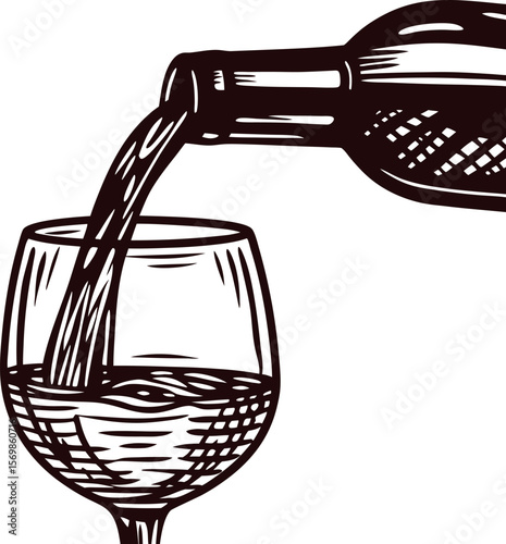 Hand drawn illustration of wine being poured into a glass vintage sketch black and white