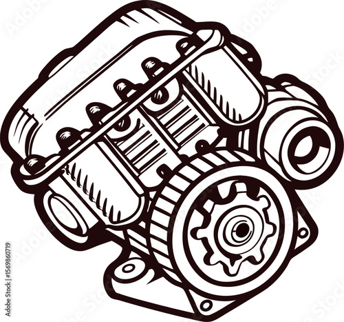 Hand drawn vintage engine illustration in brown lines mechanical motor design isolated on white background