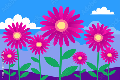 Vibrant Pink Flowers Blooming in Sunny Meadow Illustration