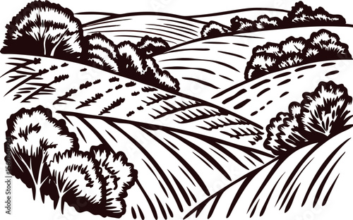 Engraved illustration of rolling countryside fields with bushes and trees in vintage hand drawn
