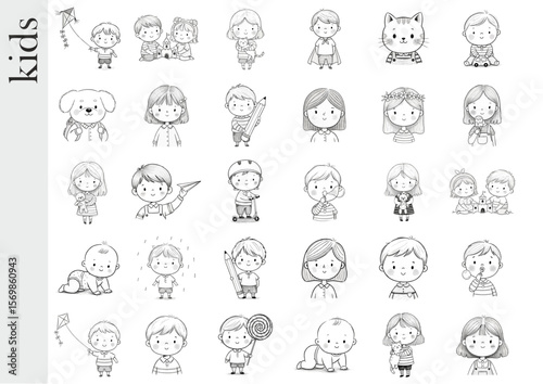 Collection of cute kids illustrations in various playful poses and activities in a simple line drawing style copy space