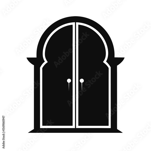 Arched Double Door, Black and White Minimalist Icon, Elegant, Mysterious, Symbolic,  Entrance, Gateway,  Secret,  Simple, Graphic Design Element, Vector Illustration.
