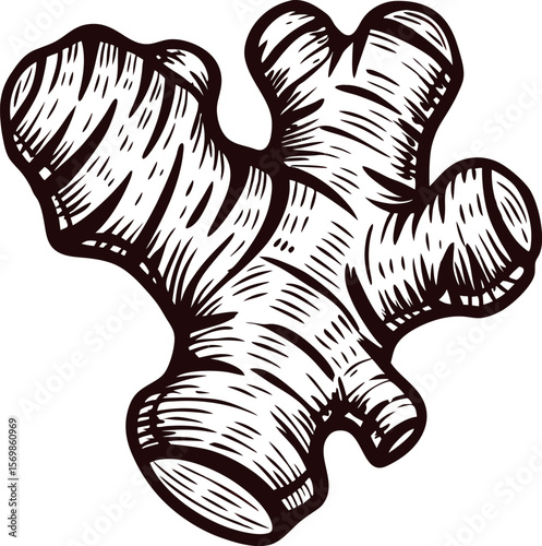 Hand drawn black and white illustration of ginger root engraved botanical herb sketch isolated