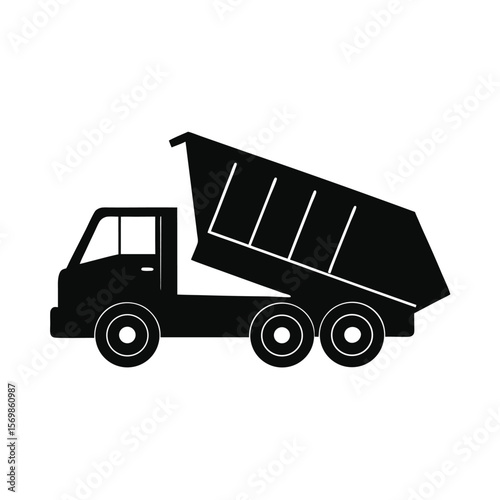 Black and white silhouette of a dump truck, side view, industrial, construction, transportation, logistics, delivery, cargo, heavy machinery, simple, minimalist design, vector illustration.