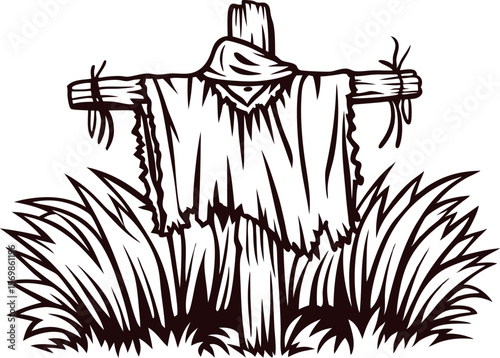 Hand drawn vintage scarecrow with tattered clothes standing in tall grass isolated on white background
