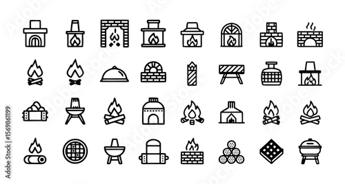 Backyard Firepit and Outdoor Features Line Icon Set – Thin Vector Illustration of Patio, Chiminea, Pizza Oven, Firewood, Fireplace, Outdoor Kitchen, and Propane Tank
