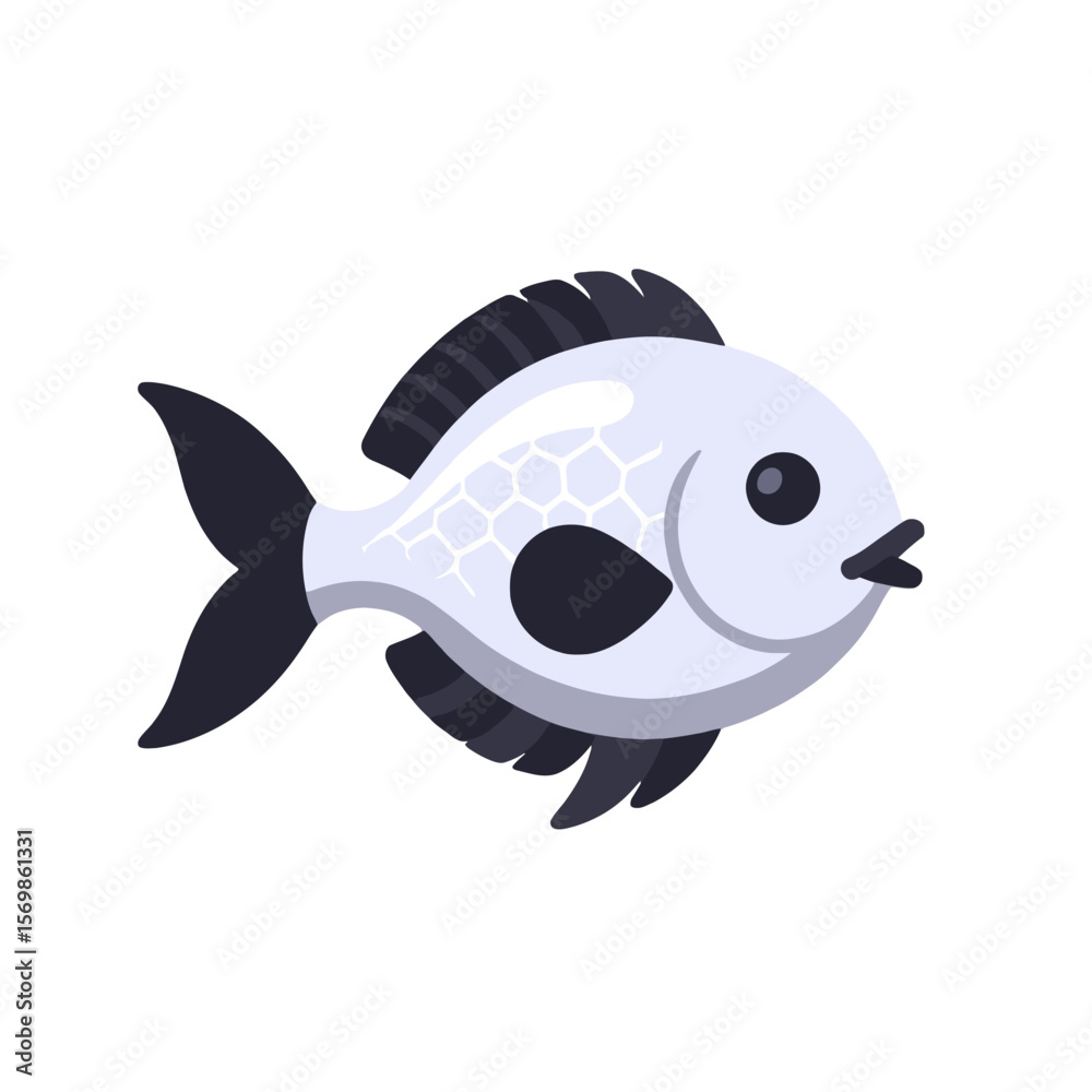 Naklejka premium Cute Cartoon Fish Illustration-Simple Aquatic Animal Graphic-Black and White Fish Design-Vector Art of Underwater Life-Playful Fish Clipart for Kids Projects