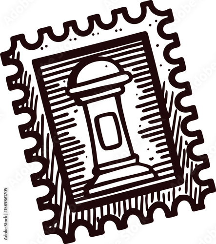 Vintage engraved illustration of a classic postage stamp with ornamental border and antique pedestal monument design