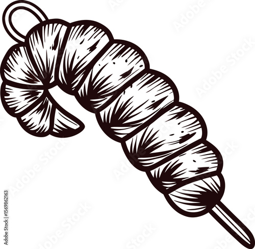 Hand drawn illustration of grilled shrimp skewer black and white vintage engraving seafood design