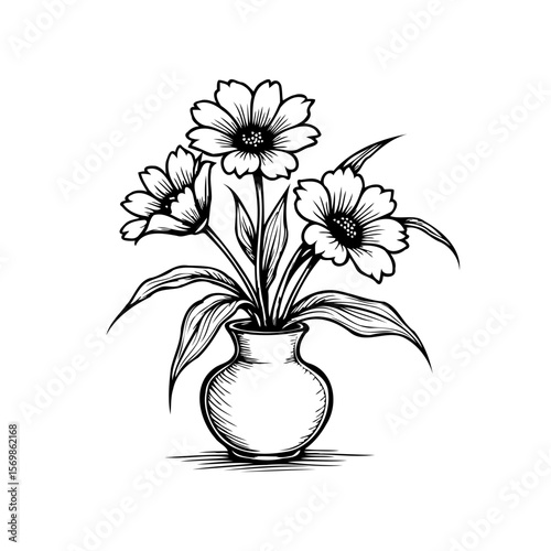 Elegant floral arrangement of daisies in a vase creating a timeless black and white illustration artwork