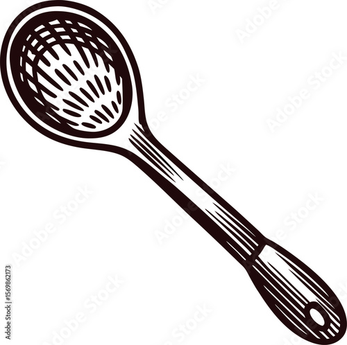 Hand drawn slotted wooden spoon illustration isolated on white background in vintage engraved